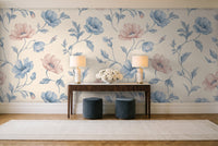 Blue And Pink Poppy Floral Mural in an entryway
