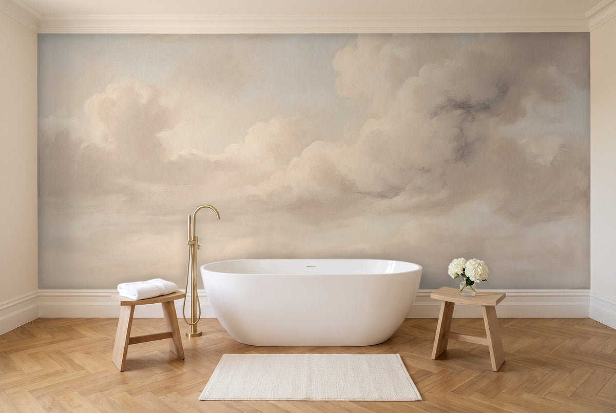 Cream Clouds Landscape Mural in a bathroom