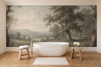 Sage Countryside Landscape Mural in a bathroom