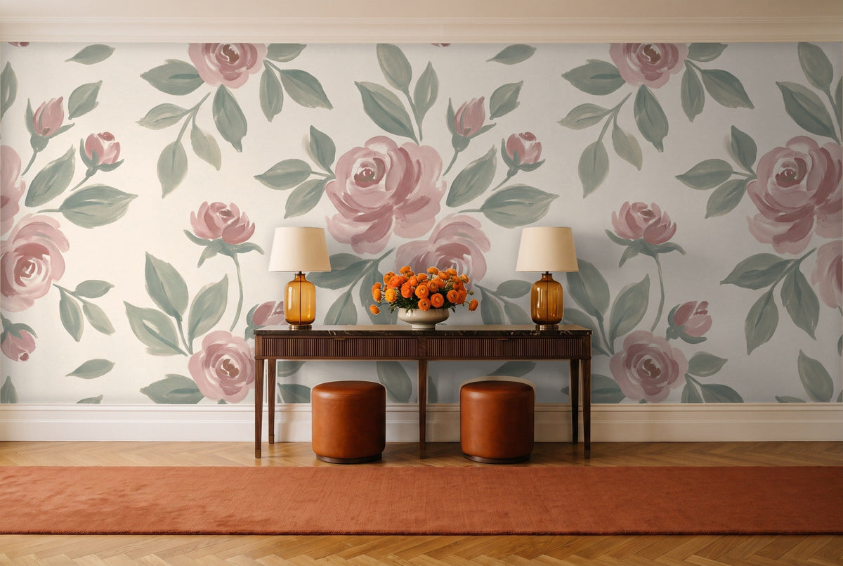 Green And Pink Rose Floral Mural in an entryway
