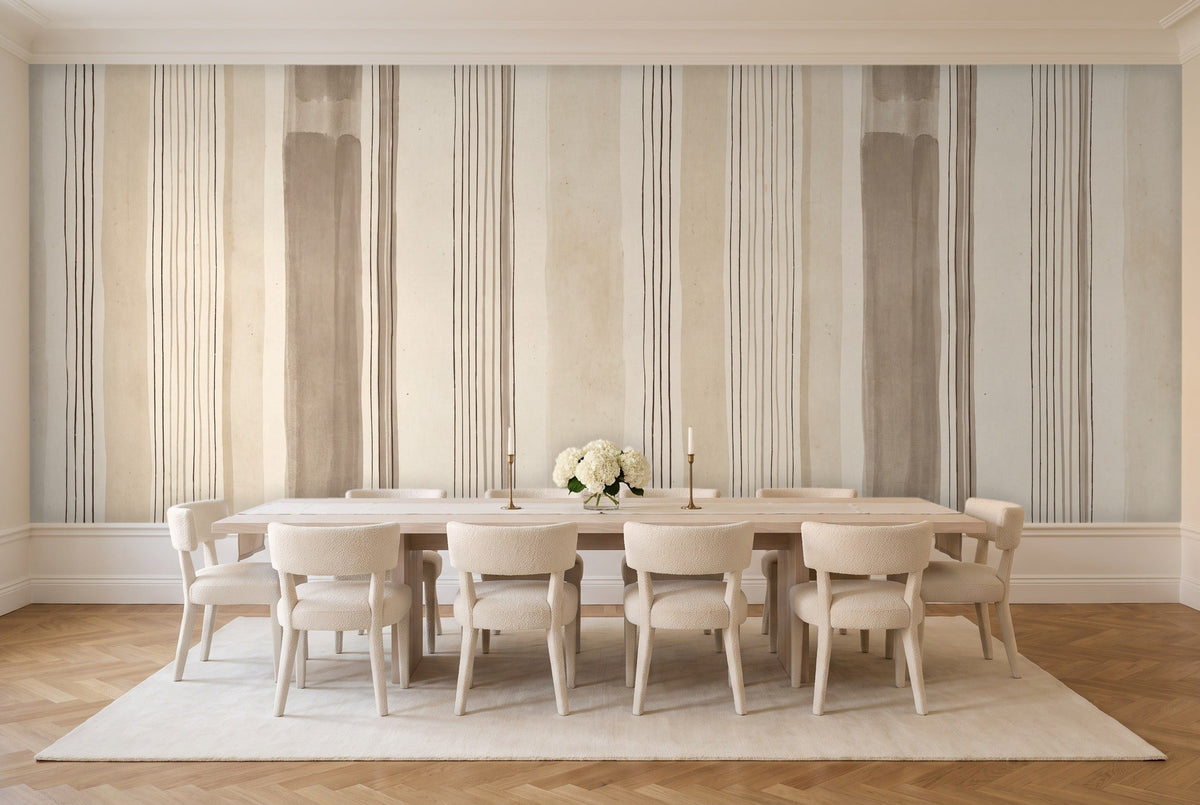 Beige Stripe Mural in a dining room