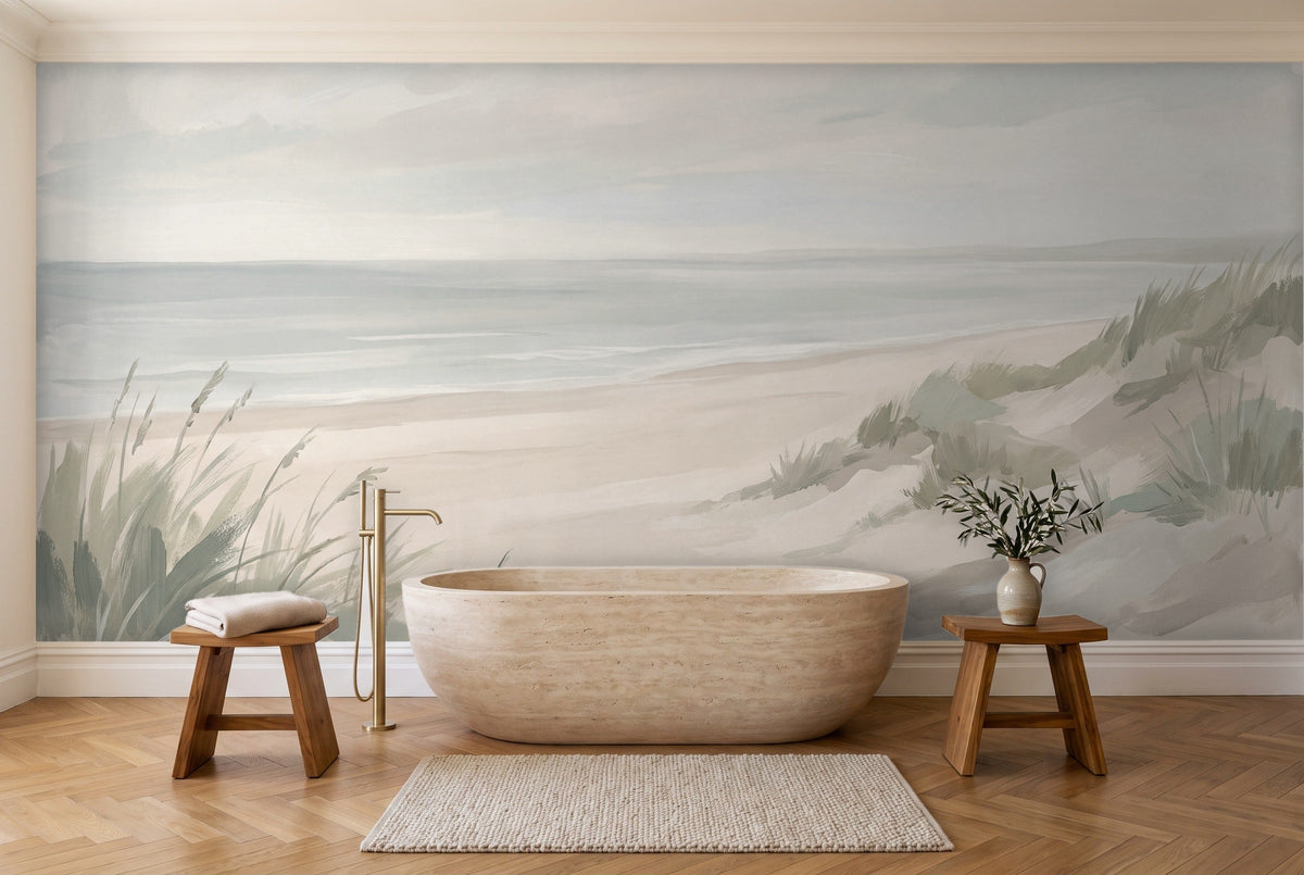 Sage Beach Landscape Mural in a bathroom