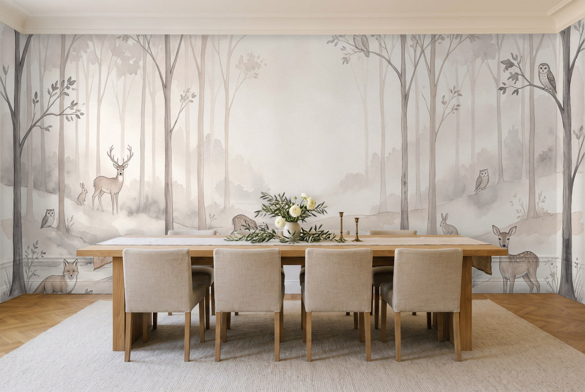 Cream Woodland Animals Landscape Mural in a dining room