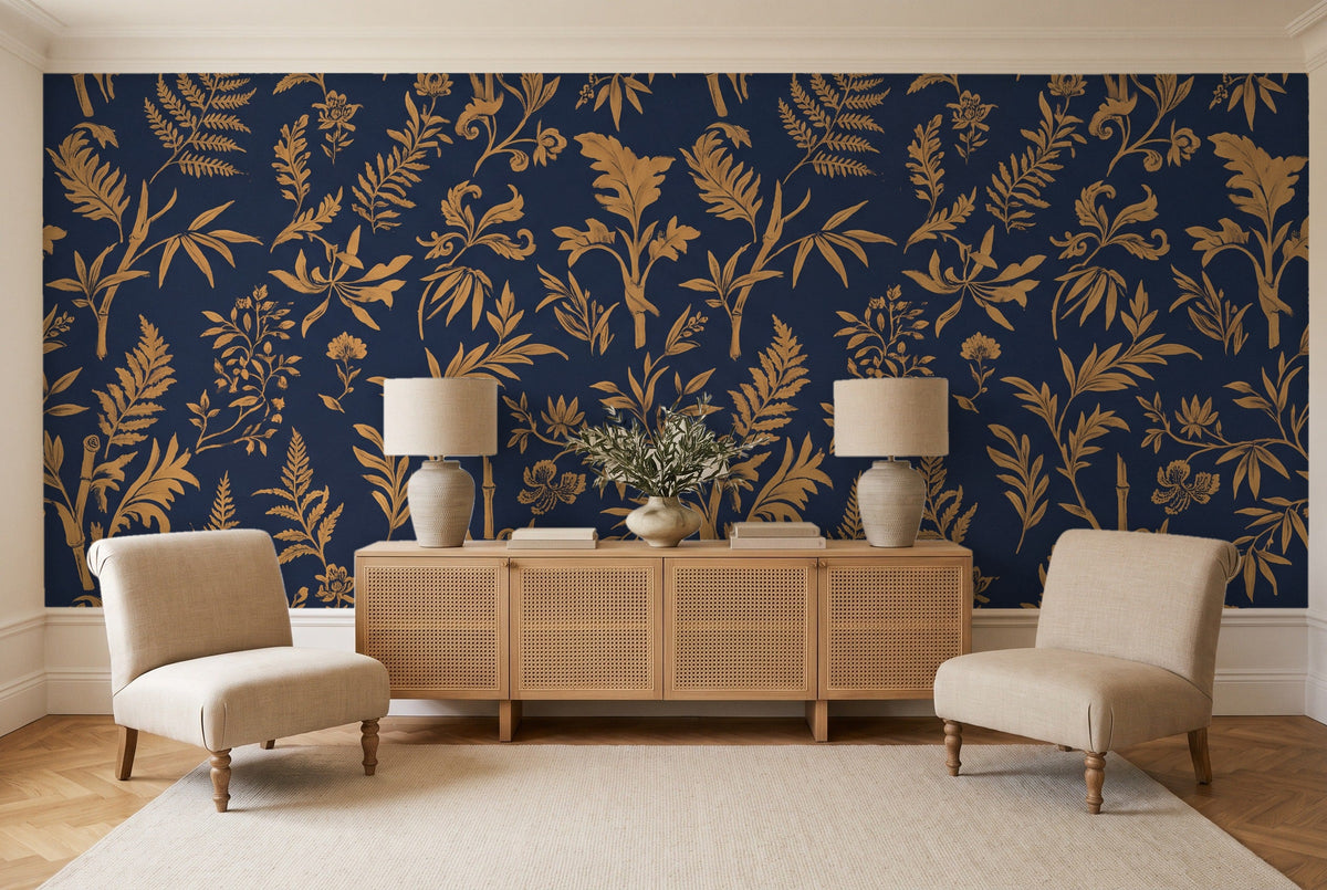 Blue And Gold Fern Botanical Mural in a living room