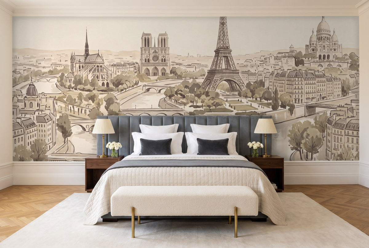 Beige Paris Cityscape Mural in a bedroom