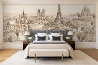 Beige Paris Cityscape Mural in a bedroom