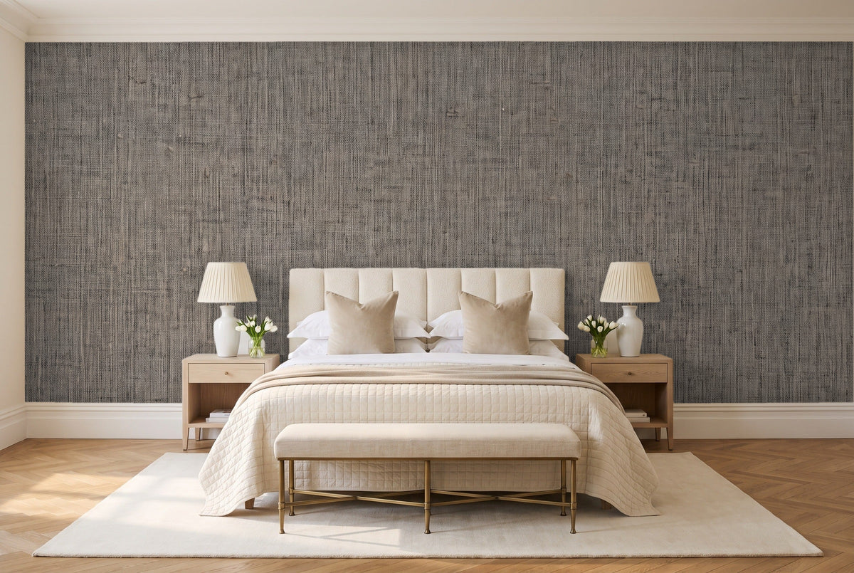 Charcoal Linen Texture Mural in a bedroom