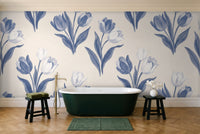 Blue And White Tulip Floral Mural in a bathroom