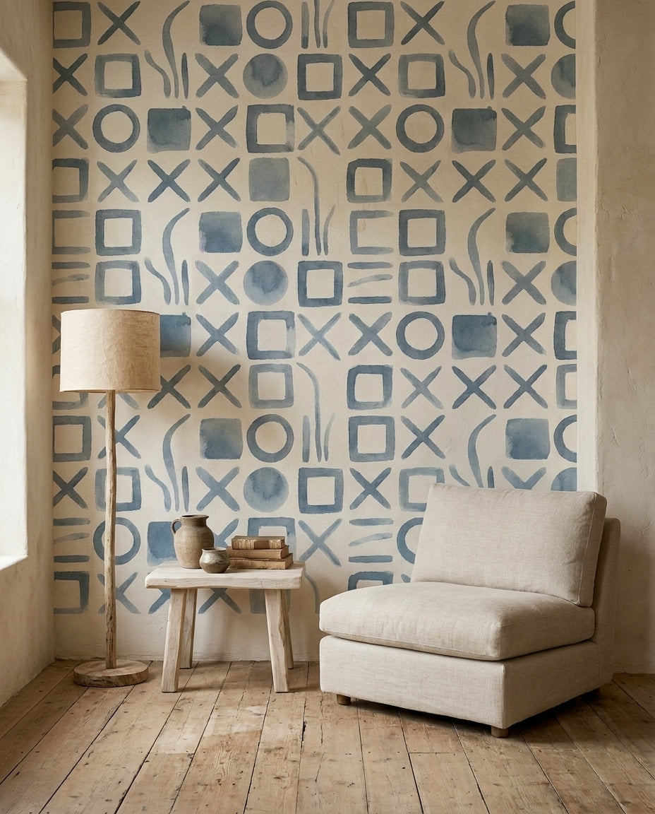 Blue Grid Geometric Mural in an interior