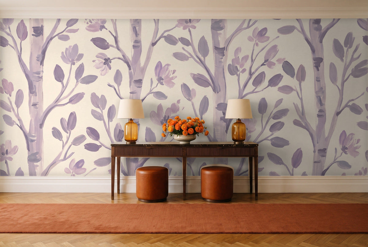 Lilac Birch Botanical Mural in an entryway
