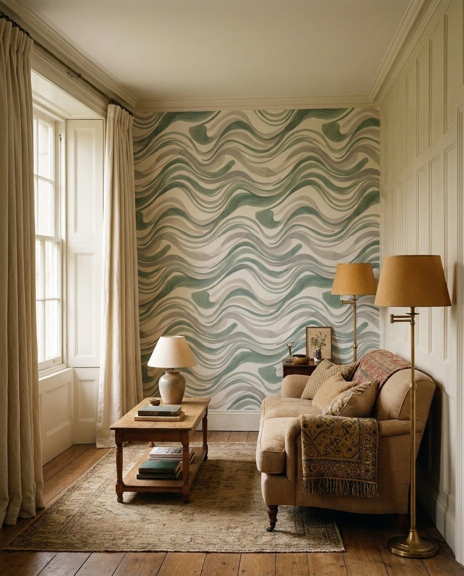 Sage Wave Abstract Mural in an interior