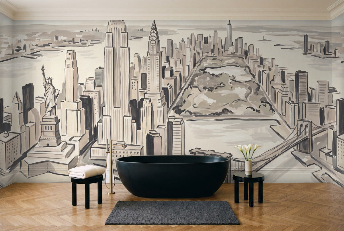 Cream New York Cityscape Mural in a bathroom