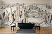 Cream New York Cityscape Mural in a bathroom