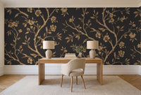 Black And Gold Birch Botanical Mural in a home office