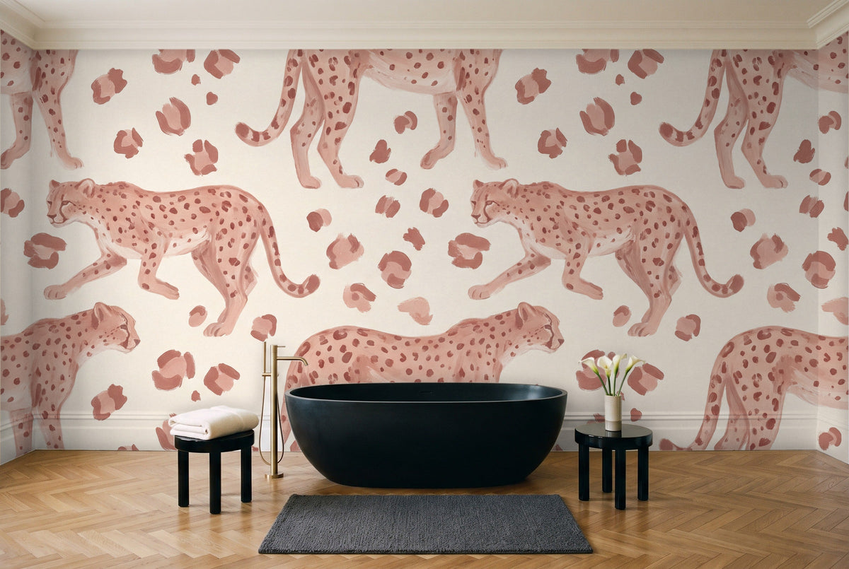 Blush Cheetah Animal Mural in a bathroom