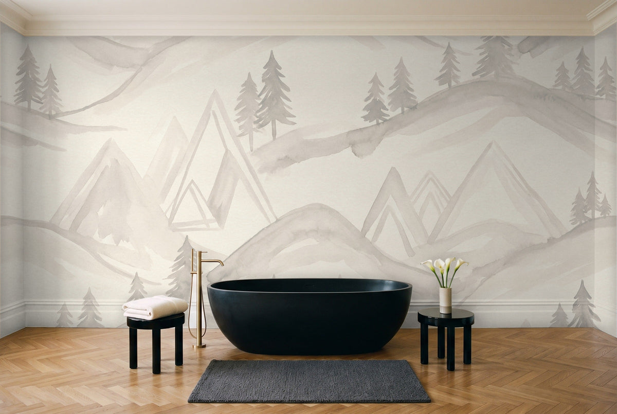 White Mountain Landscape Mural in a bathroom