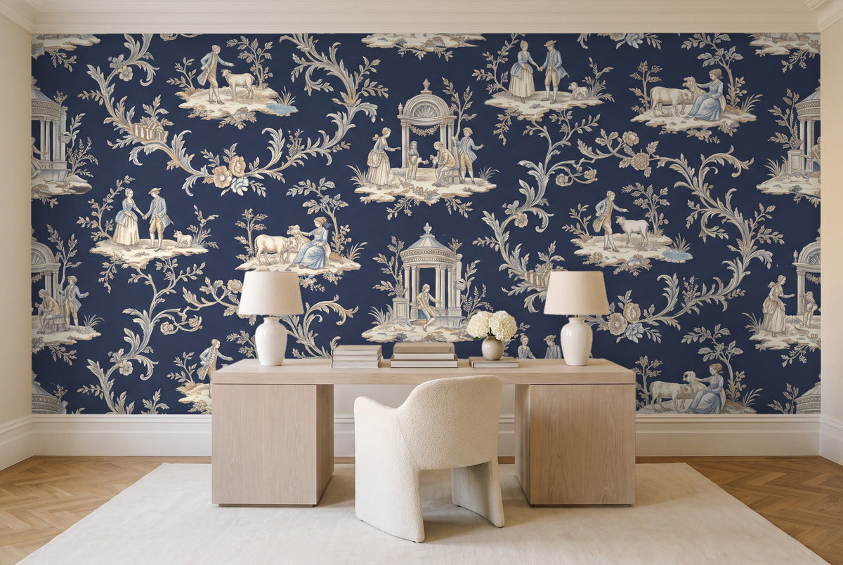 Navy Toile Mural in a home office