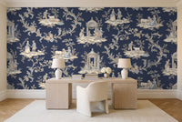 Navy Toile Mural in a home office