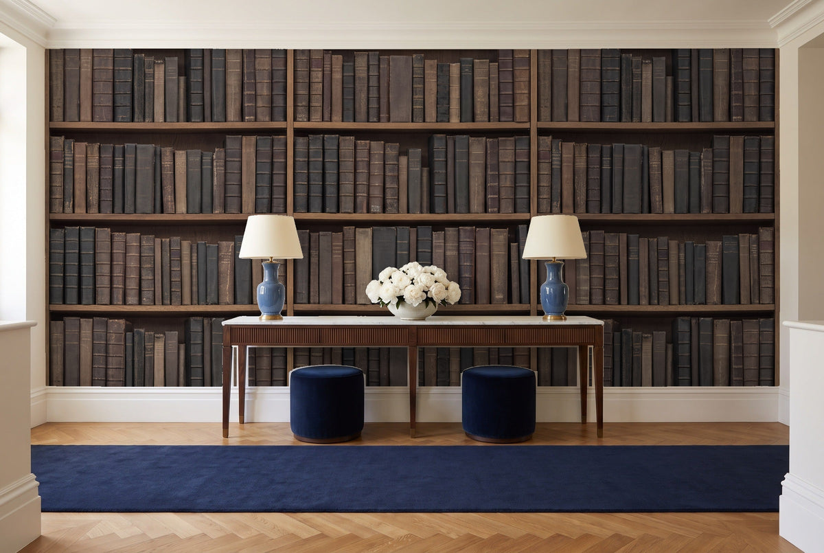 Charcoal Bookshelf Library Mural in an entryway