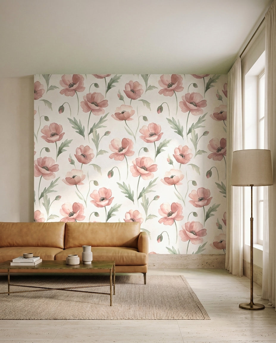 Pink Poppy Floral Mural on a feature wall