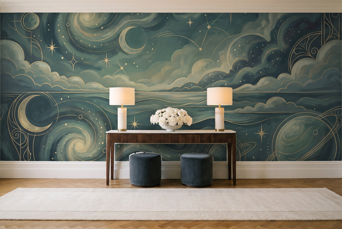 Teal Galaxy Celestial Mural in an entryway