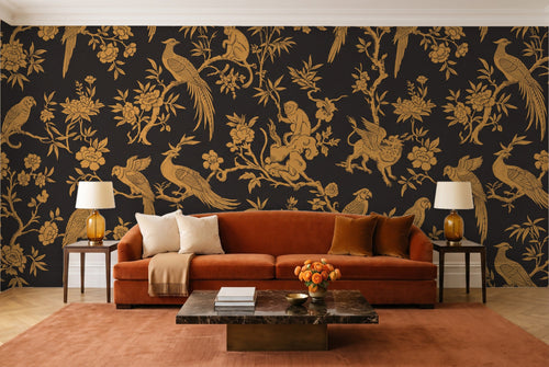 Black And Gold Parrot Animal Mural in a living room