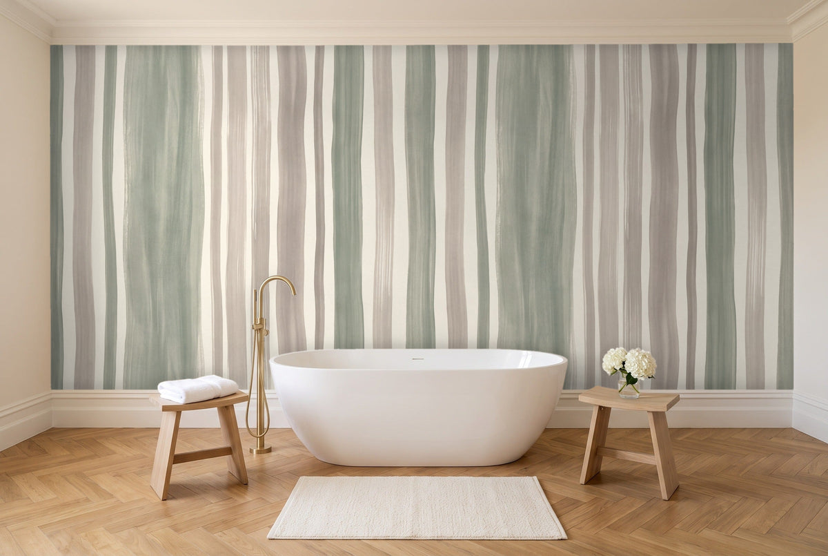 Sage Stripe Mural in a bathroom