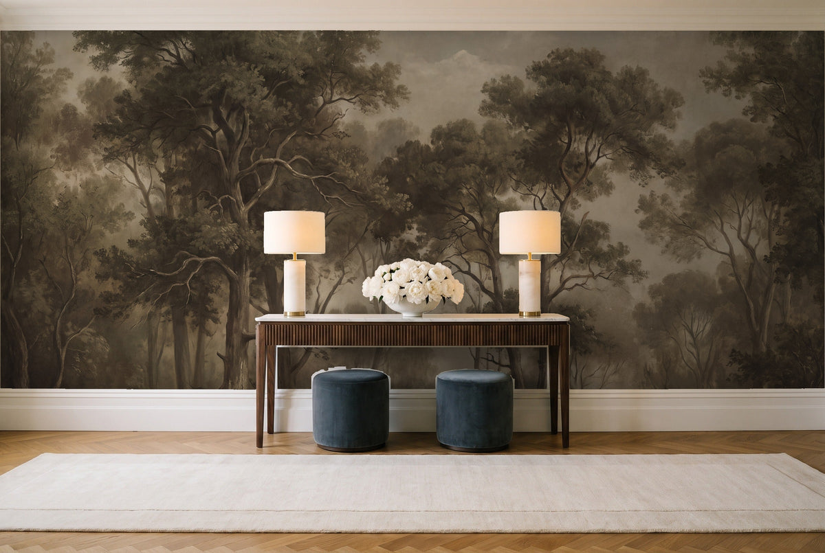 Olive Forest Landscape Mural in an entryway