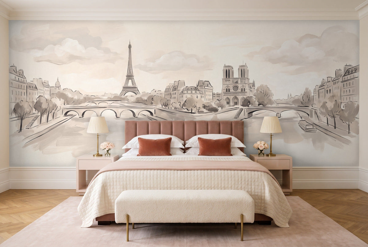 Cream Paris Cityscape Mural in a bedroom
