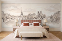 Cream Paris Cityscape Mural in a bedroom