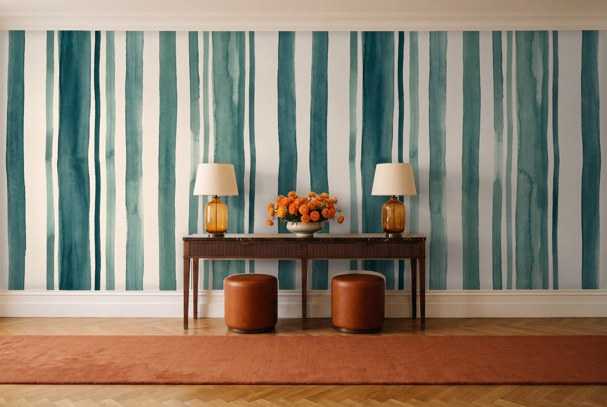 Teal Stripe Mural in an entryway