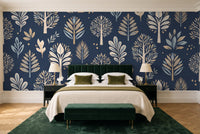 Navy Tree Botanical Mural in a bedroom