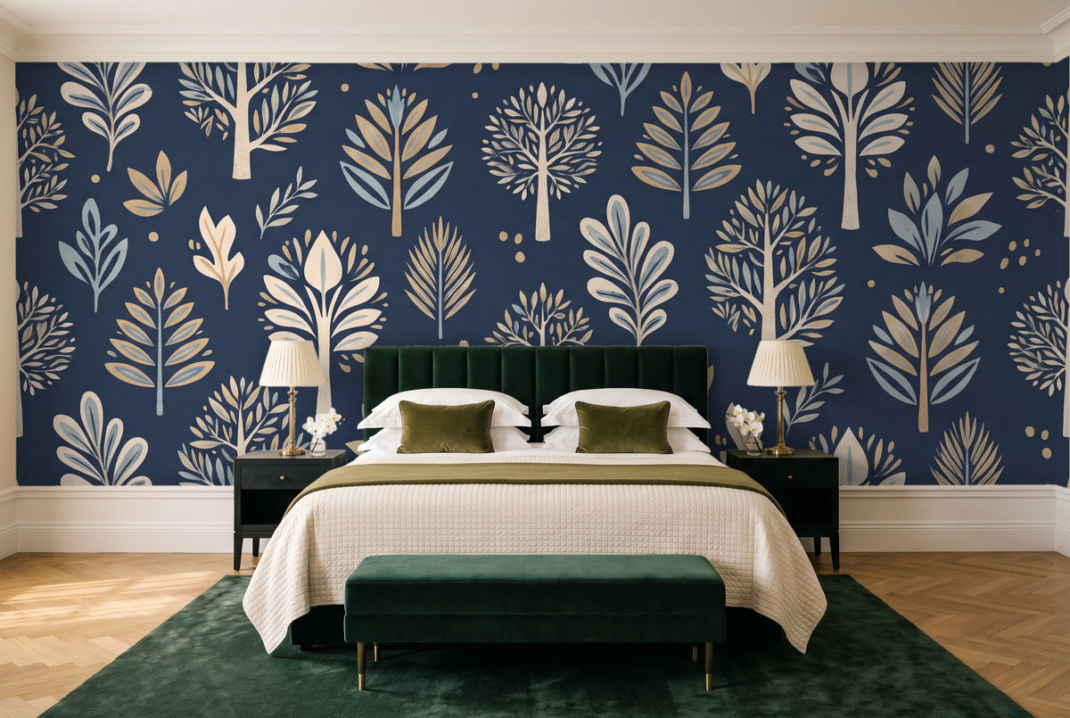 Navy Tree Botanical Mural in a bedroom