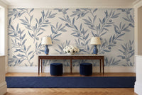 Blue And Grey Olive Branch Botanical Mural in an entryway