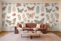 Green And Pink Butterfly Mural in a living room