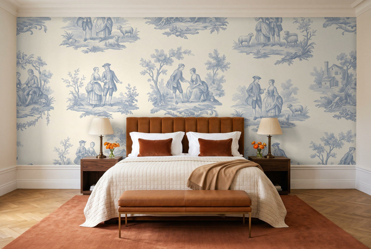 Light Blue Toile Mural in a bedroom