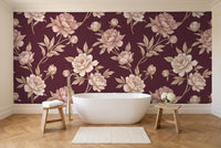 Burgundy Peony Floral Mural in a bathroom