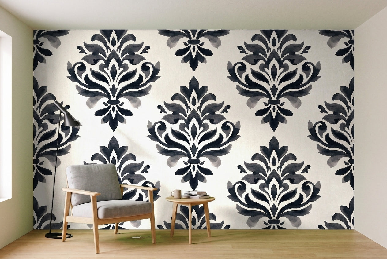 Black Damask Mural on a feature wall