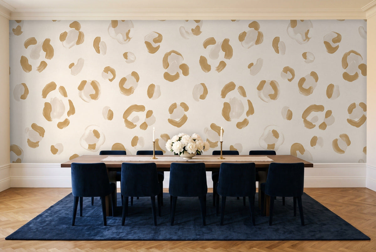 White And Gold Cheetah Animal Mural in a dining room