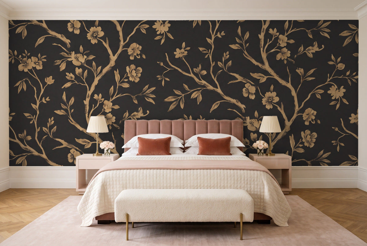 Black And Gold Birch Botanical Mural in a bedroom