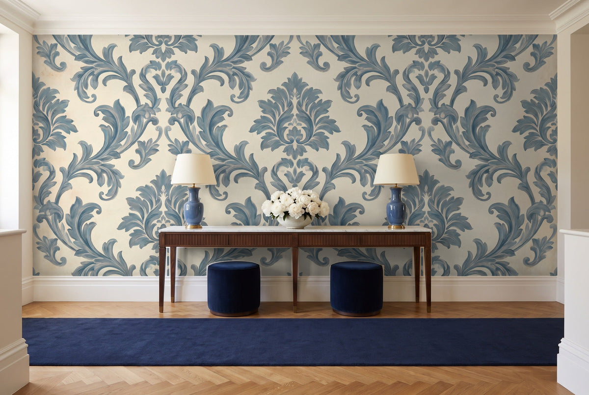 Blue Scroll Damask Mural in an entryway
