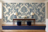 Blue Scroll Damask Mural in an entryway