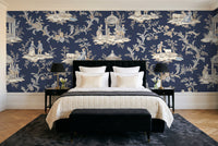 Navy Toile Mural in a bedroom