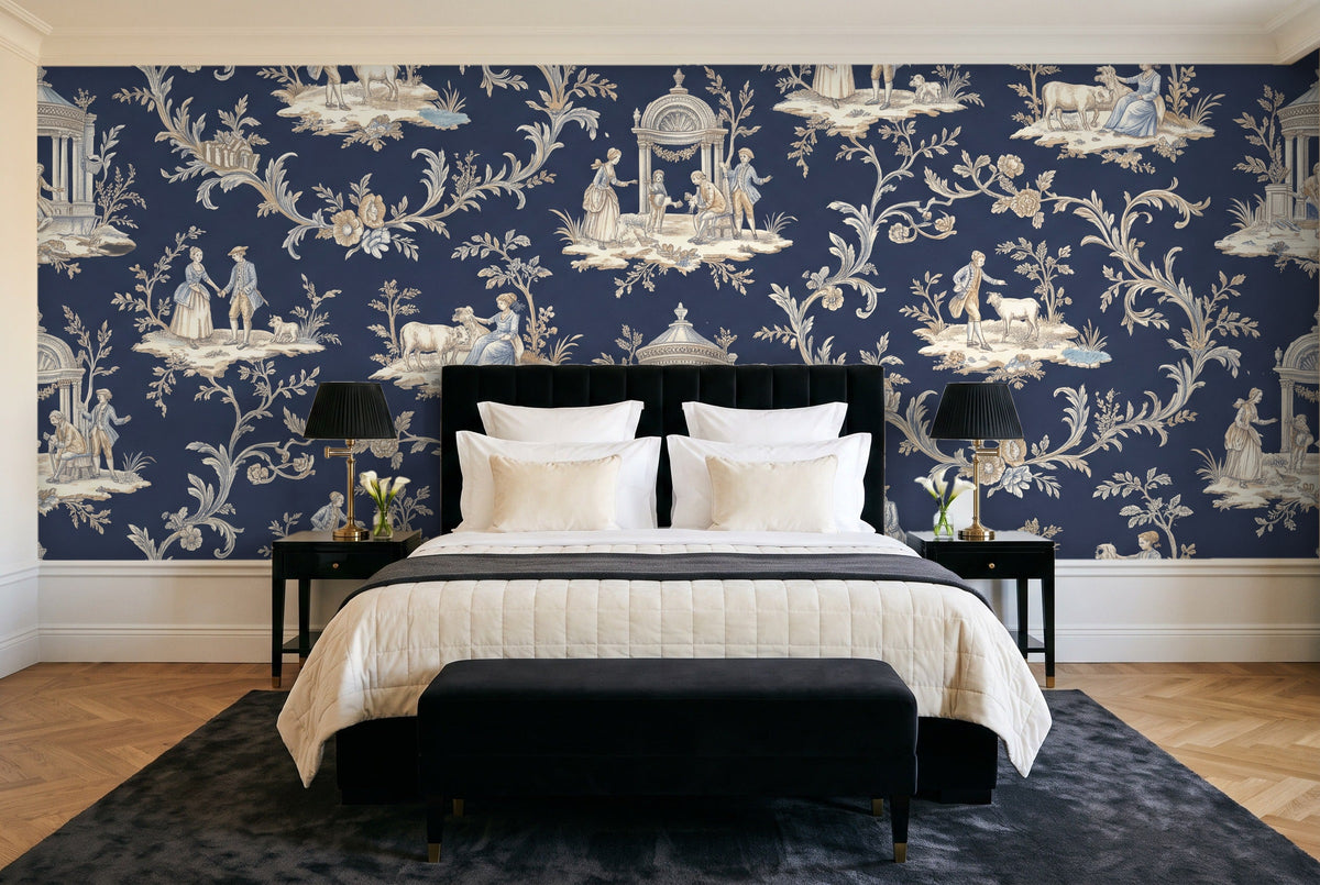 Navy Toile Mural in a bedroom