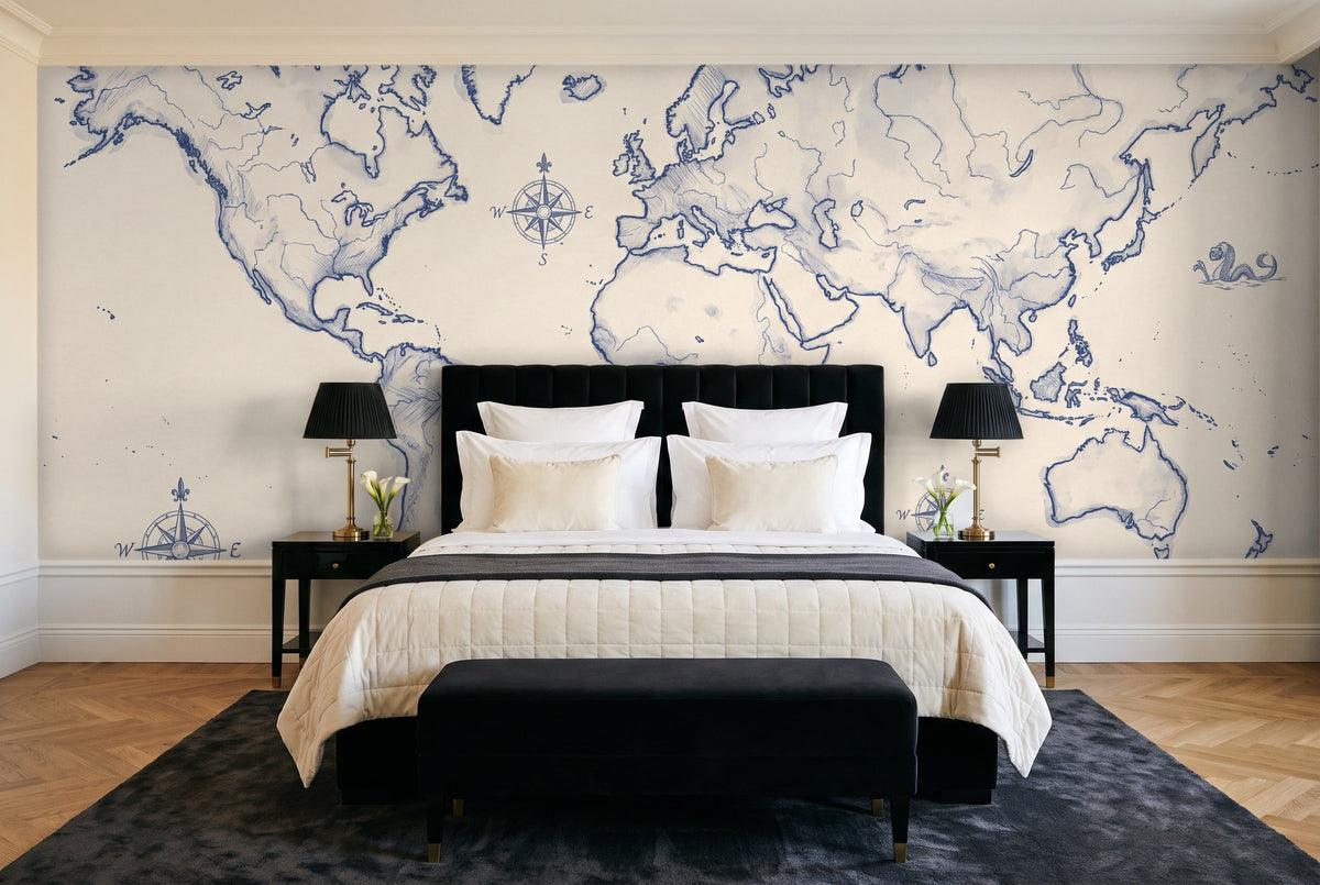 Blue And White World Map Map Mural in a bedroom