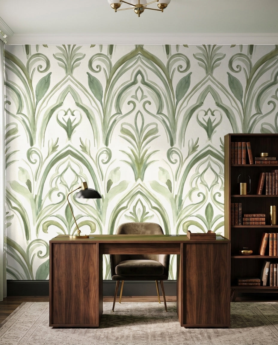 Green Brushstroke Abstract Mural in an interior