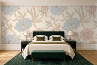 Blue And Pink Peony Floral Mural in a bedroom
