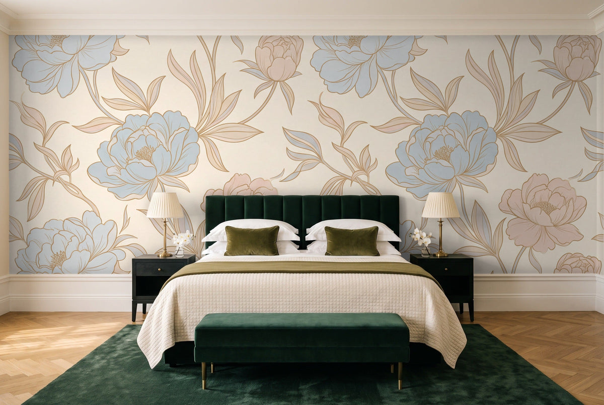 Blue And Pink Peony Floral Mural in a bedroom