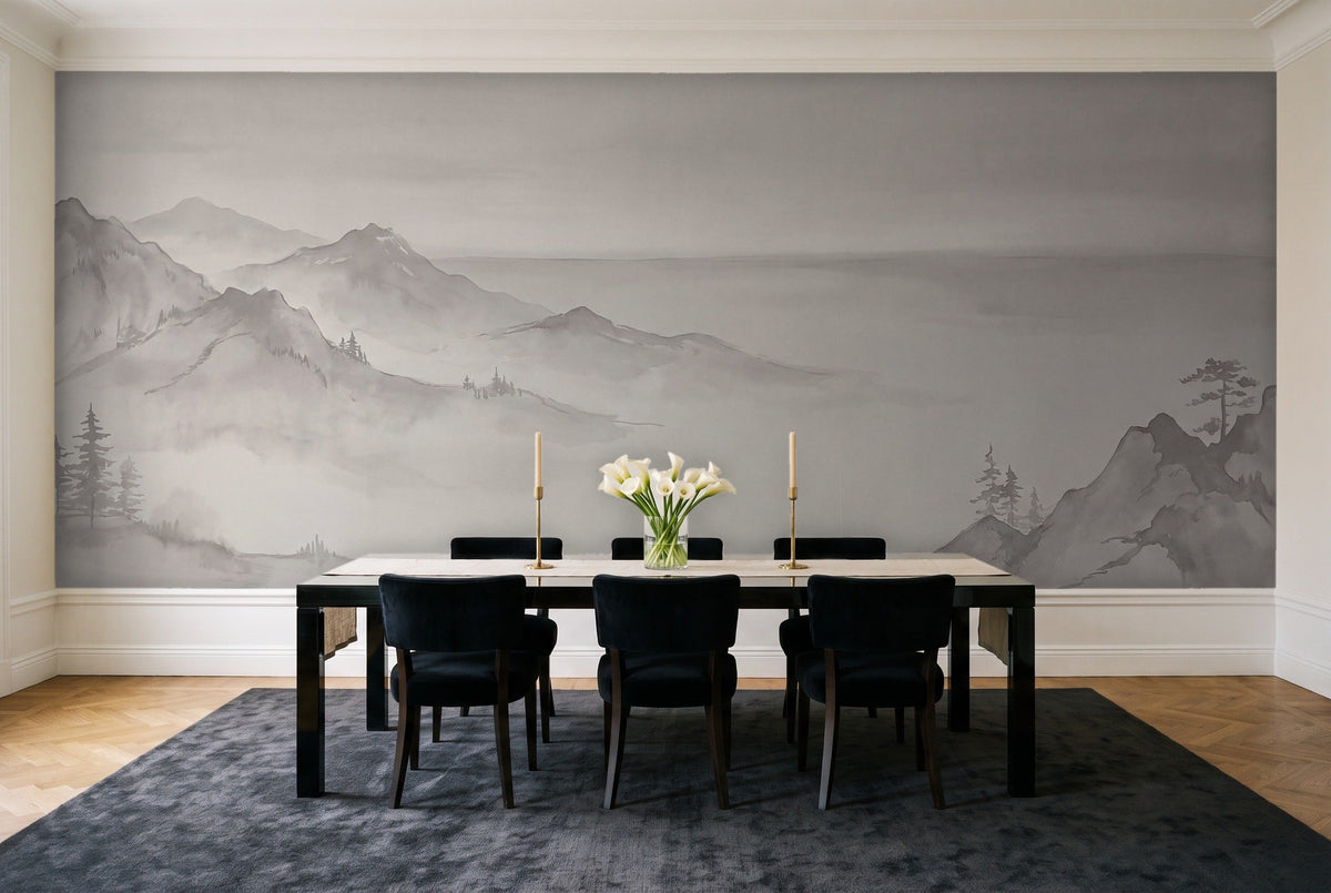 Grey Mountain Landscape Mural in a dining room