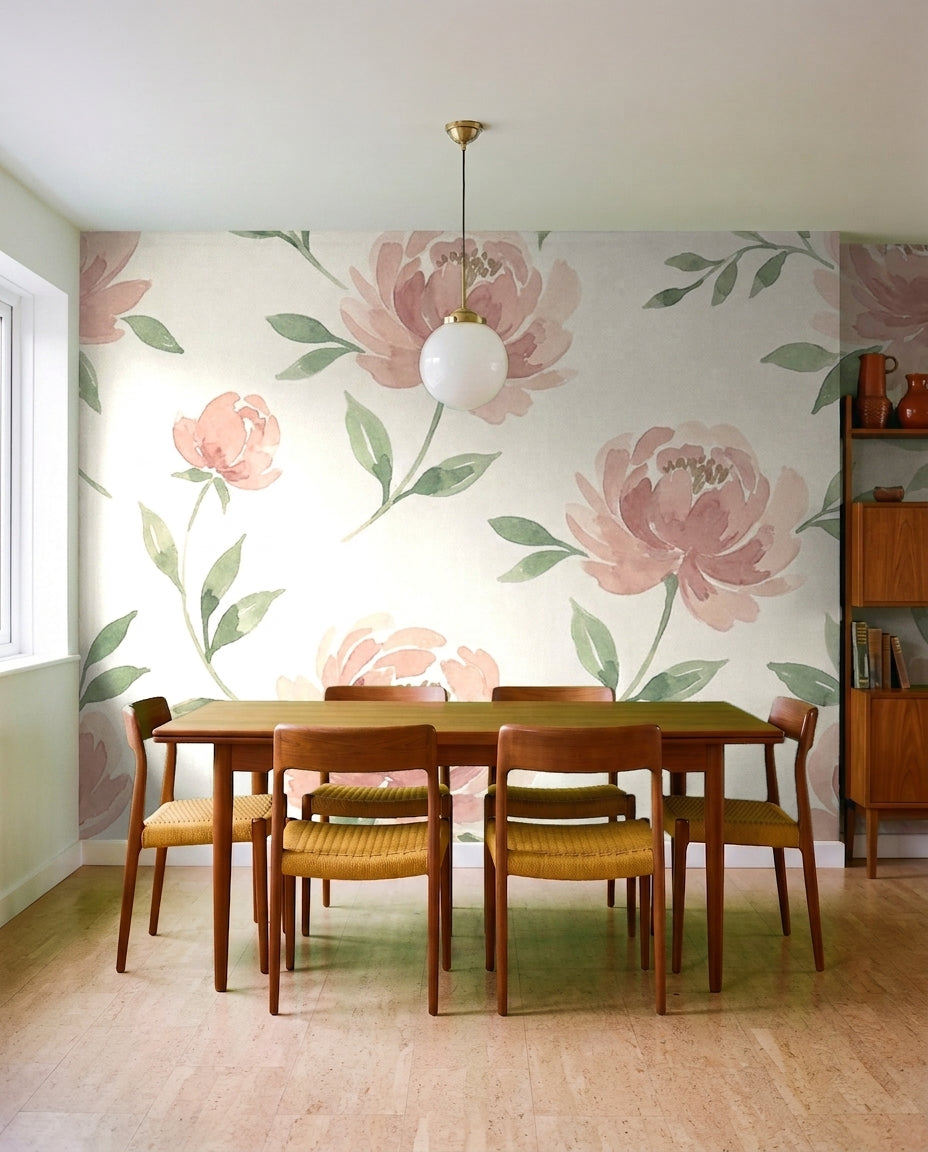 Pink Peony Floral Mural on a feature wall